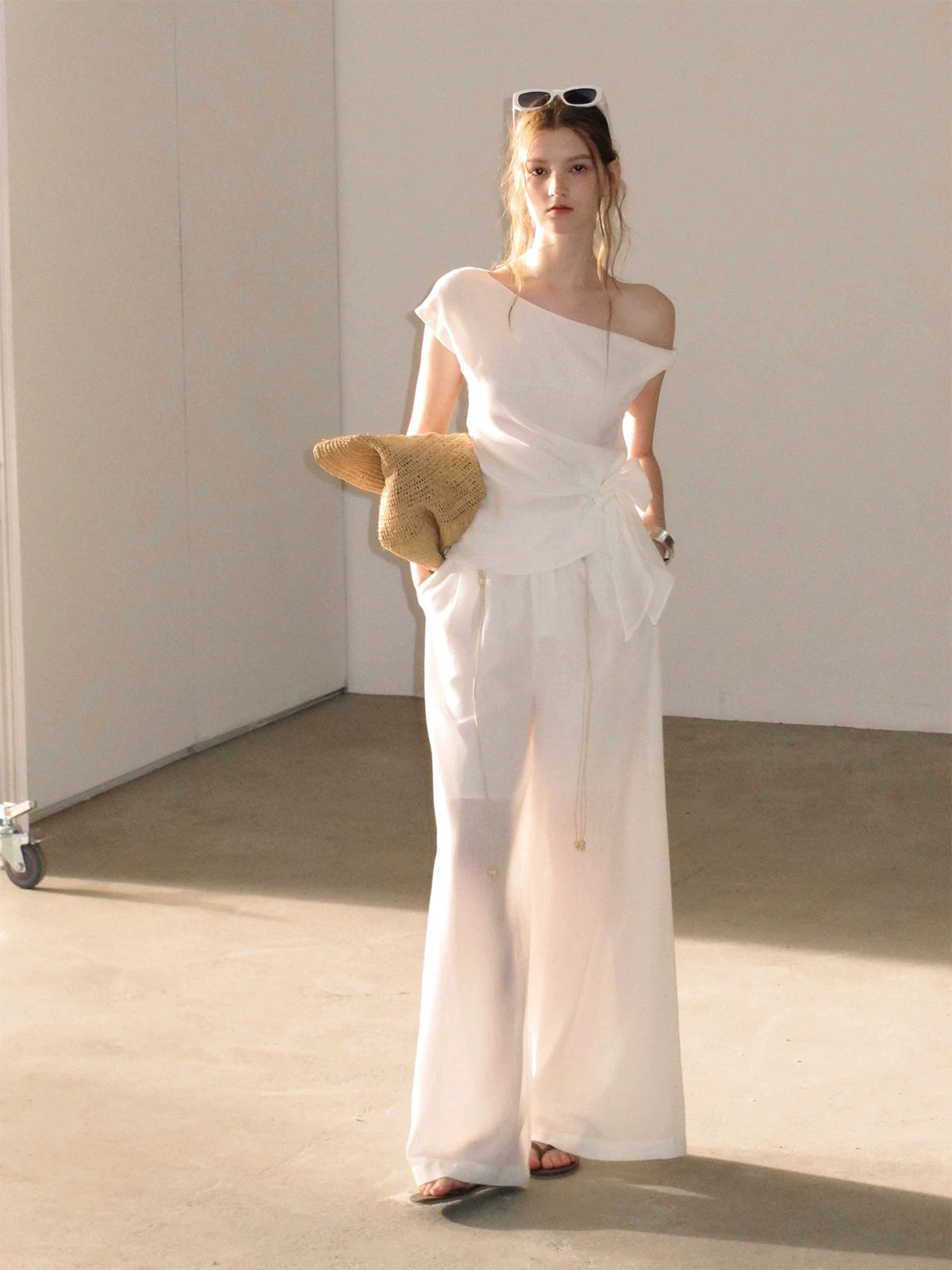 "Her Moonlight" Camellia White Off-Shoulder Top & Wide-Leg Pants Set