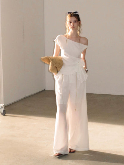 "Her Moonlight" Camellia White Off-Shoulder Top & Wide-Leg Pants Set
