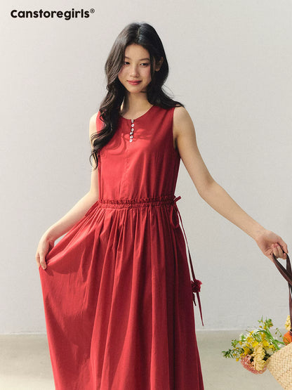 "Hyacinth in Red Dress" Sleeveless A-line Midi Dress LL2026005