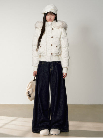 Soote Season - White Floral Faux Fur Collar Cropped Hooded Down Jacket