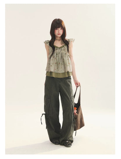 "Enchanted Forest" Moss Green Floral Lace Ruffle Cami Top