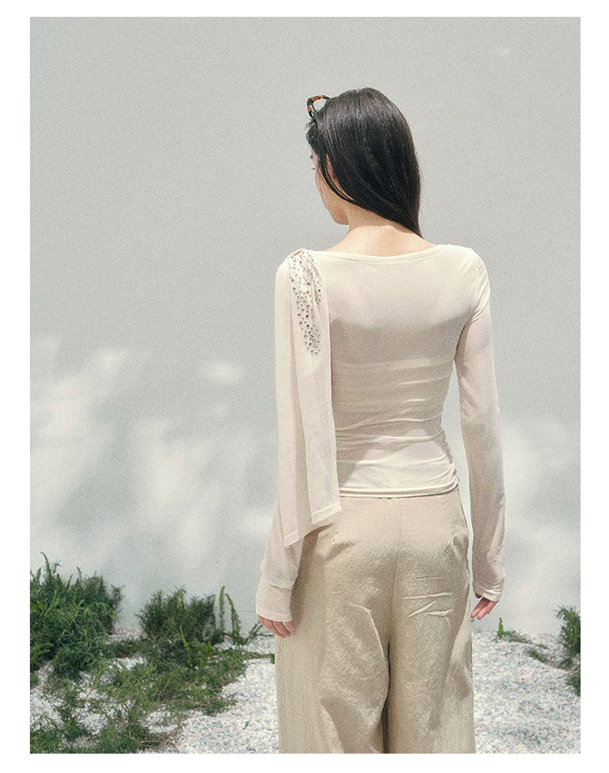“Frosted Kiss” Milk Apricot Mesh Waist-Cinched Top
