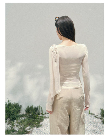 “Frosted Kiss” Milk Apricot Mesh Waist-Cinched Top