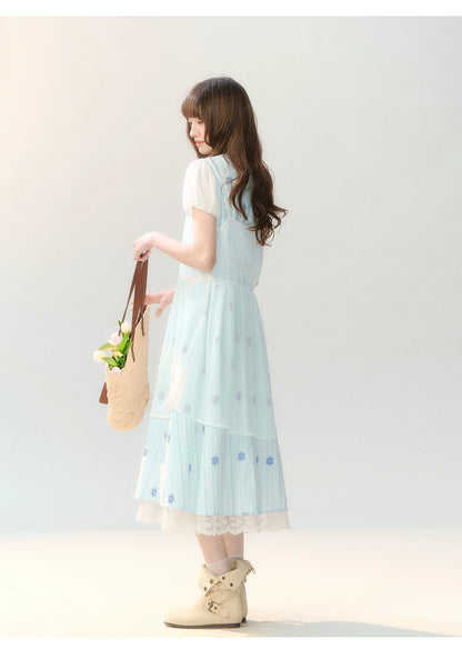 "Soft Bloom Chronicle" Blue Floral Dress & Apricot Cami Set