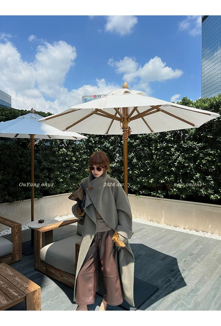 QuQuOuYang - 100% Wool Double-Face Belted Coat with Convertible Collar