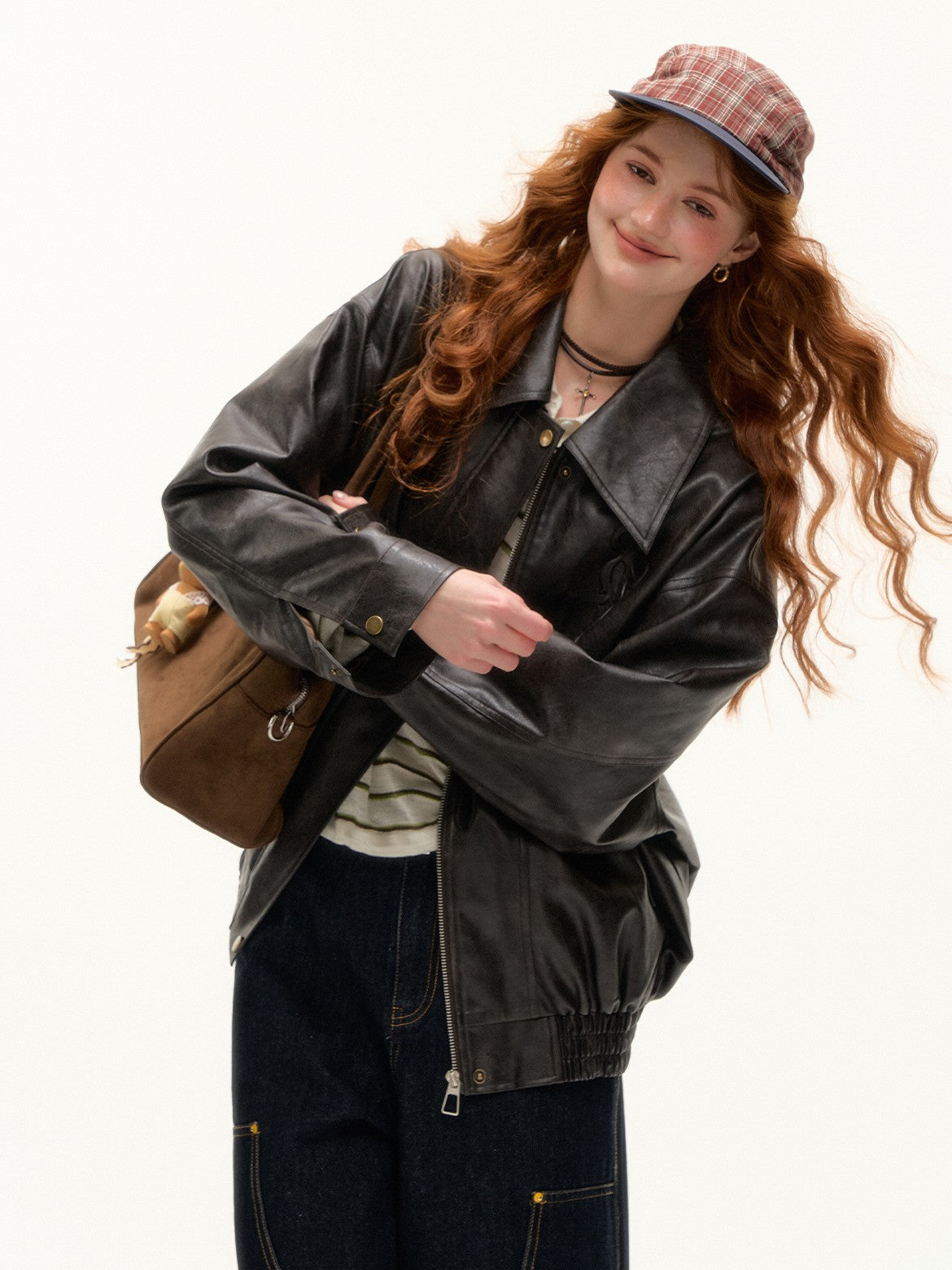 ASGONY - Retro Puppy Embossed Faux Leather Jacket