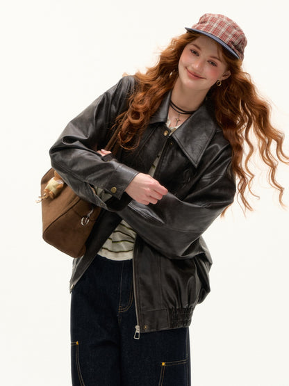 ASGONY - Retro Puppy Embossed Faux Leather Jacket