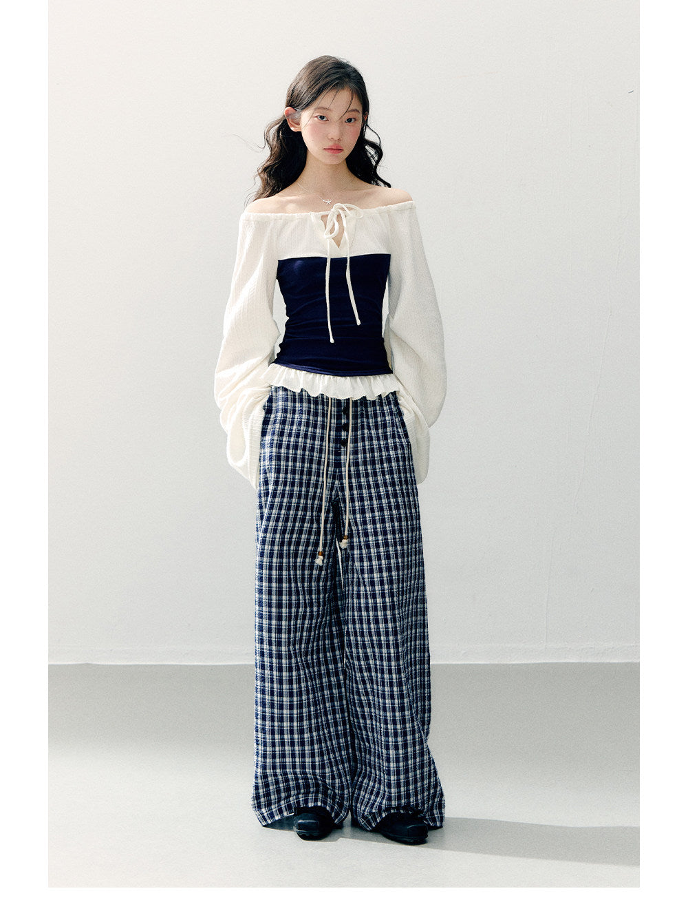 ANNATTO - Spring Navy & Ivory Off-Shoulder Knit Top & Plaid Pants Set