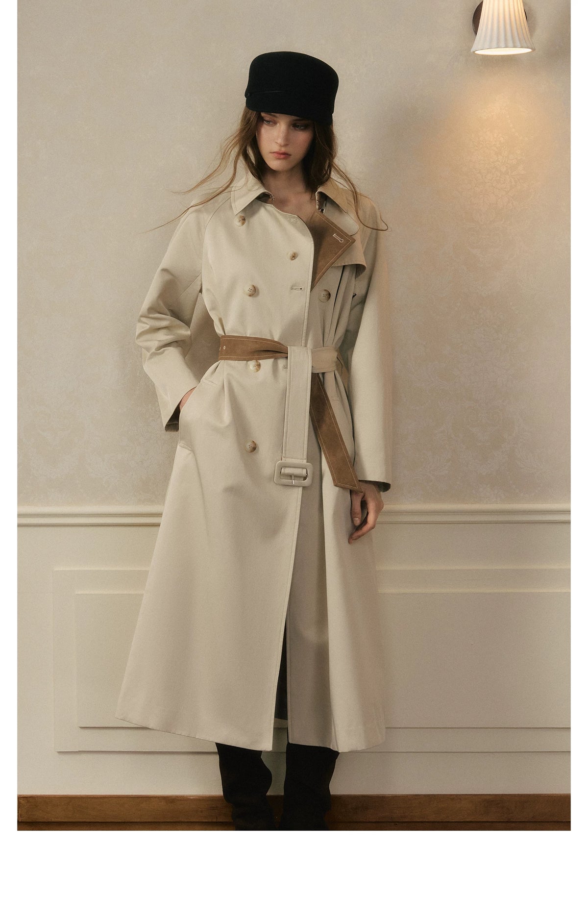 oshea - Moonlight Gray Double-Breasted Belted Long Trench Coat