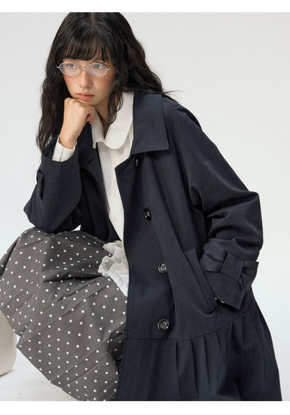[CAN] "Azure Echoes" Navy Double-Breasted Bow Long Trench Coat