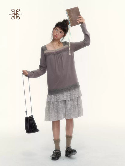 Gray Purple Lace-Trimmed Square-Neck Long-Sleeve T-Shirt