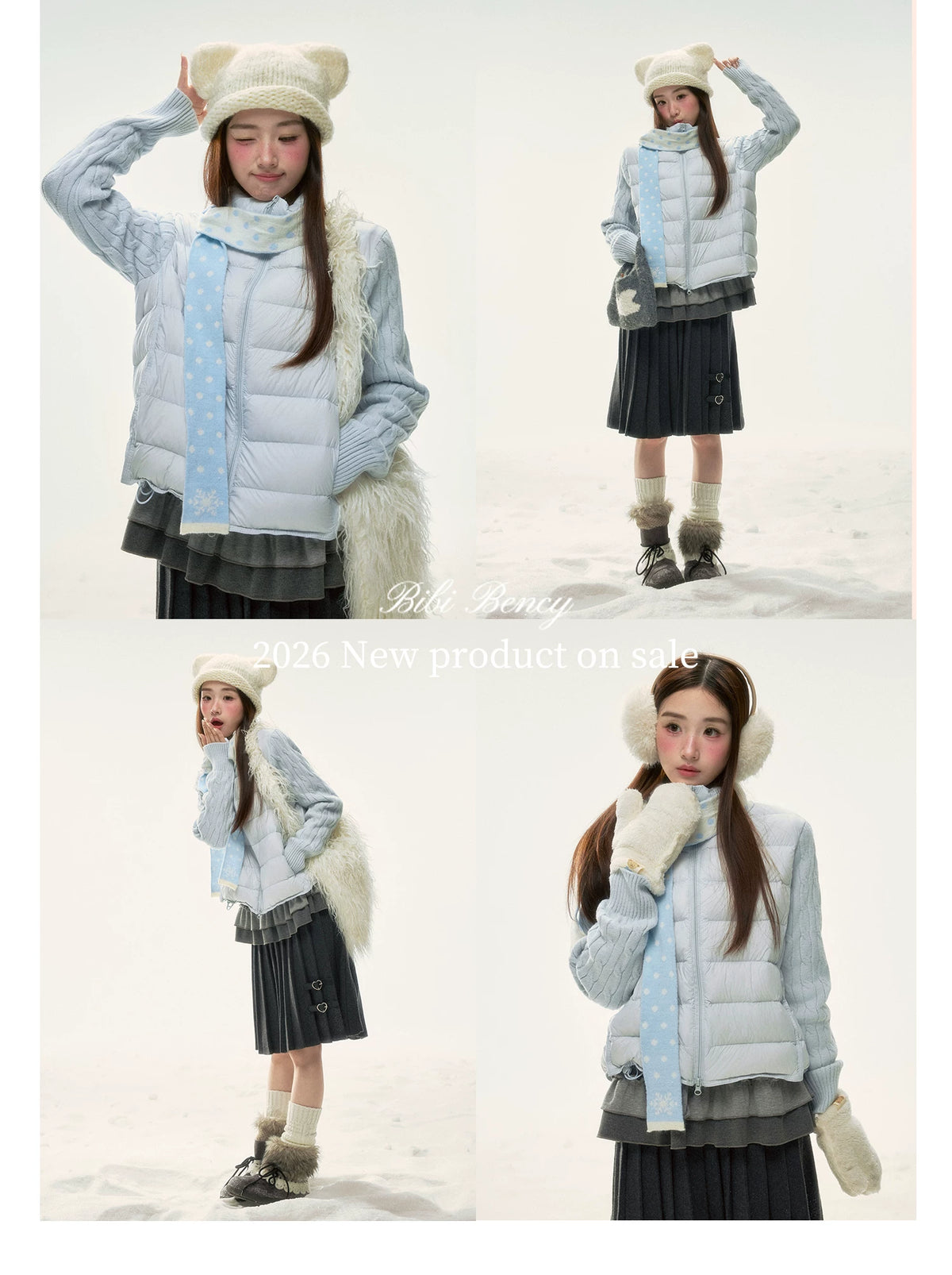 BIBIBENCY - Pale Blue Knit-Panel 90% White Duck Down Puffer Jacket (With Scarf)