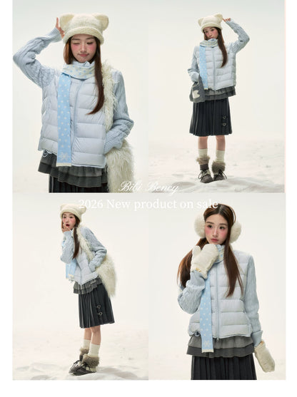 BIBIBENCY - Pale Blue Knit-Panel 90% White Duck Down Puffer Jacket (With Scarf)