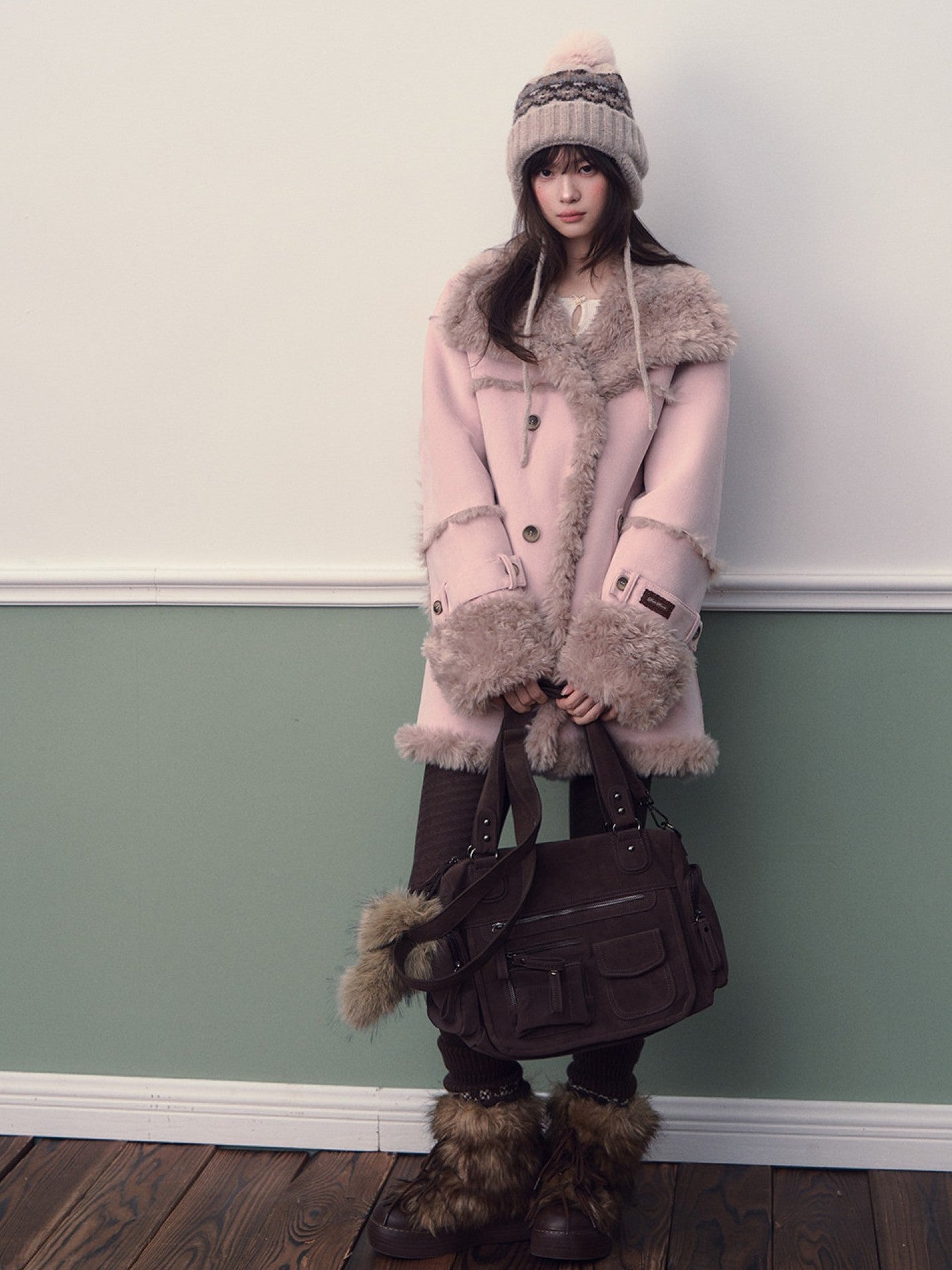 Soote Season - Oversized Korean-Style Faux Suede Shearling Collar Mid-Length Coat - Mist Pink