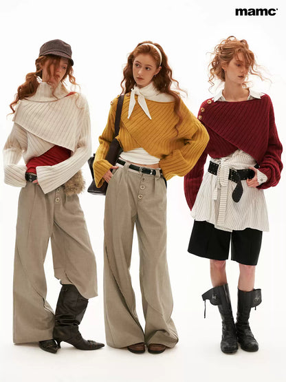 MAMC - Soft Recycled Airy Knit Cross-Neck Sweater (Red / Yellow / Ivory)