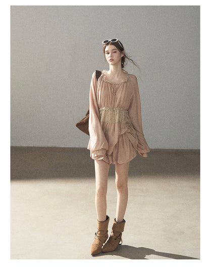 170726 "Ripples of Autumn" Milk Tea Lace Blouse & Bubble Shorts Set
