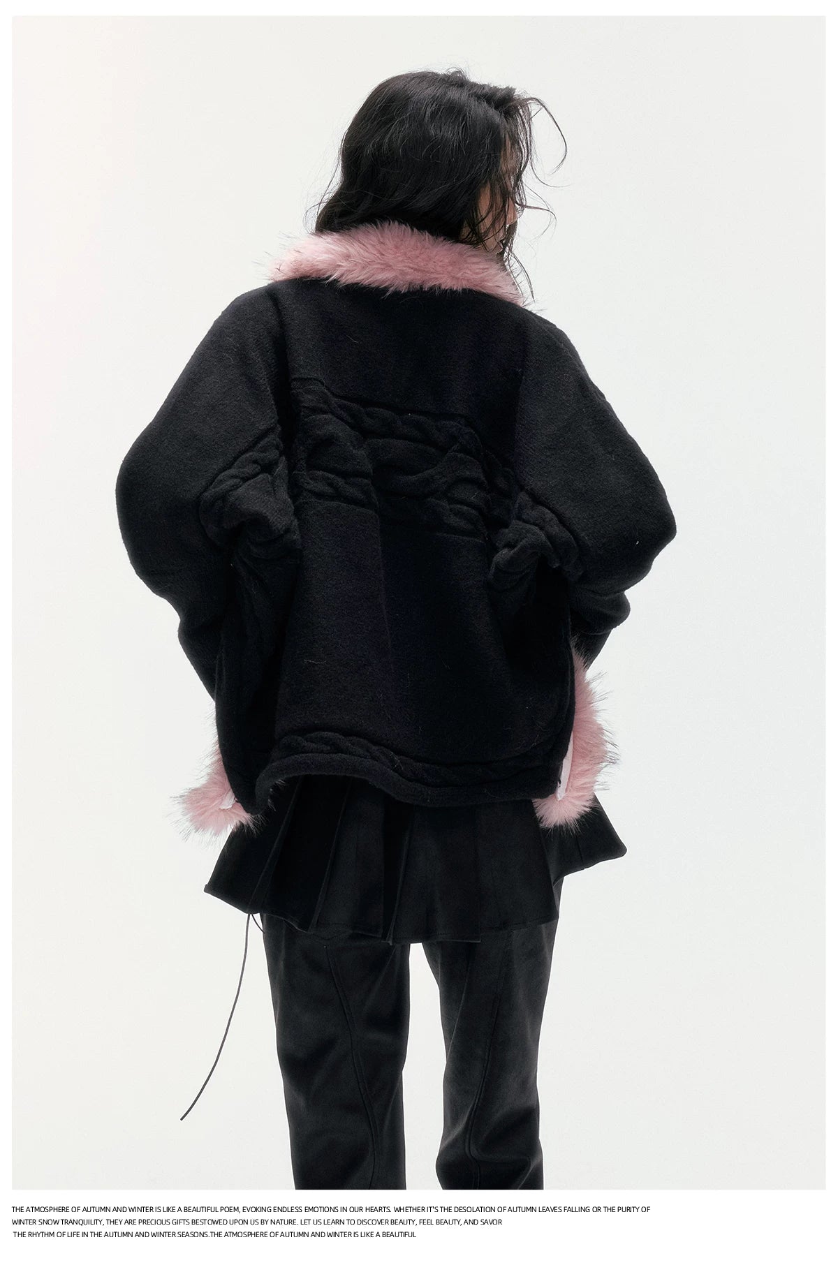 24olvides - Black Pink Cable Knit Cardigan with Detachable Faux Fur Collar