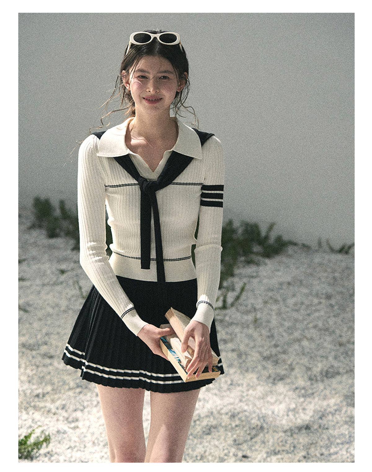 “Delhi Academy” Ivory Polo Knit Set with Midnight Black Scarf