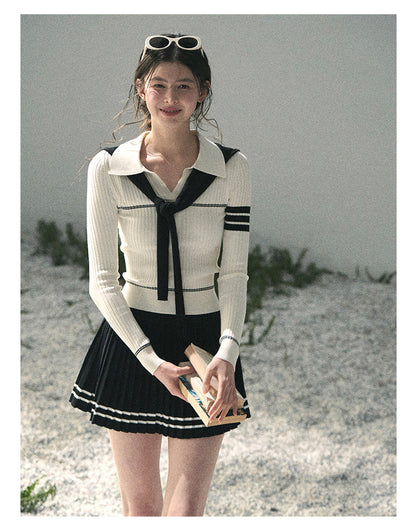 “Delhi Academy” Ivory Polo Knit Set with Midnight Black Scarf