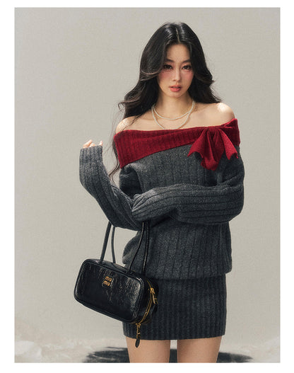 少也眼 "Snowbound Memories" Off-Shoulder Color-Block Knit Mini Dress