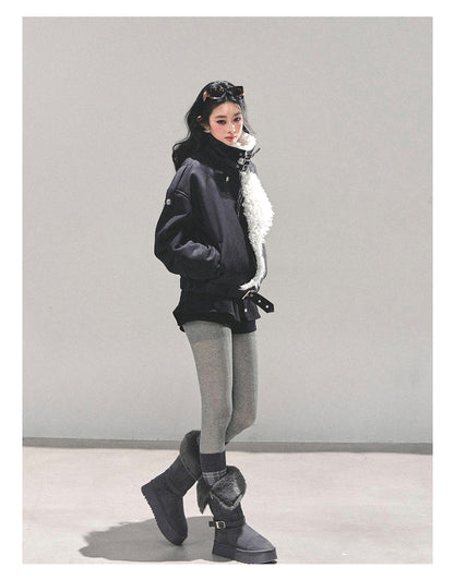 少也眼 "Time’s Hidden Reef" Faux Fur-Lined Cotton Jacket with Belt 8731321