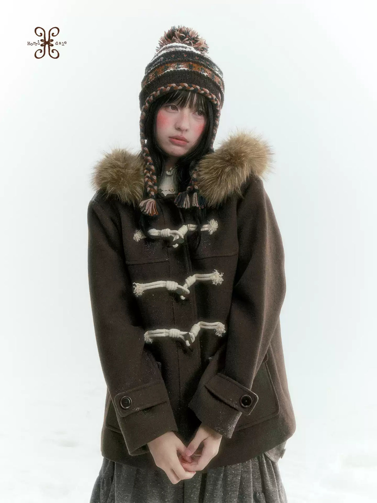 Horridale - Dark Coffee Brown Cropped Hooded Toggle Coat with Detachable Faux Fur Collar