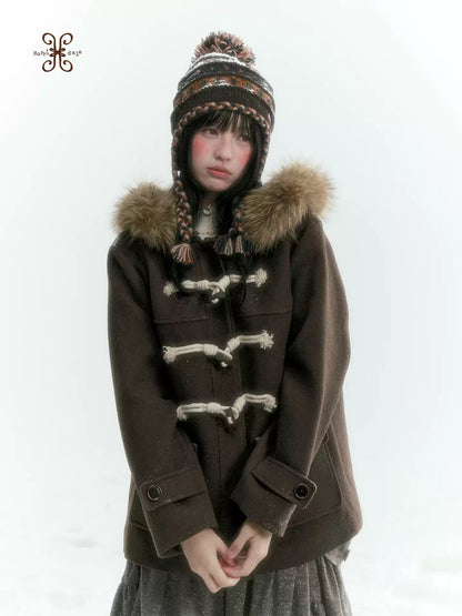 Horridale - Dark Coffee Brown Cropped Hooded Toggle Coat with Detachable Faux Fur Collar