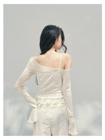 少也眼 “Lace Over the Shoulder” Asymmetrical Layered Lace Long Sleeve Top 45635485