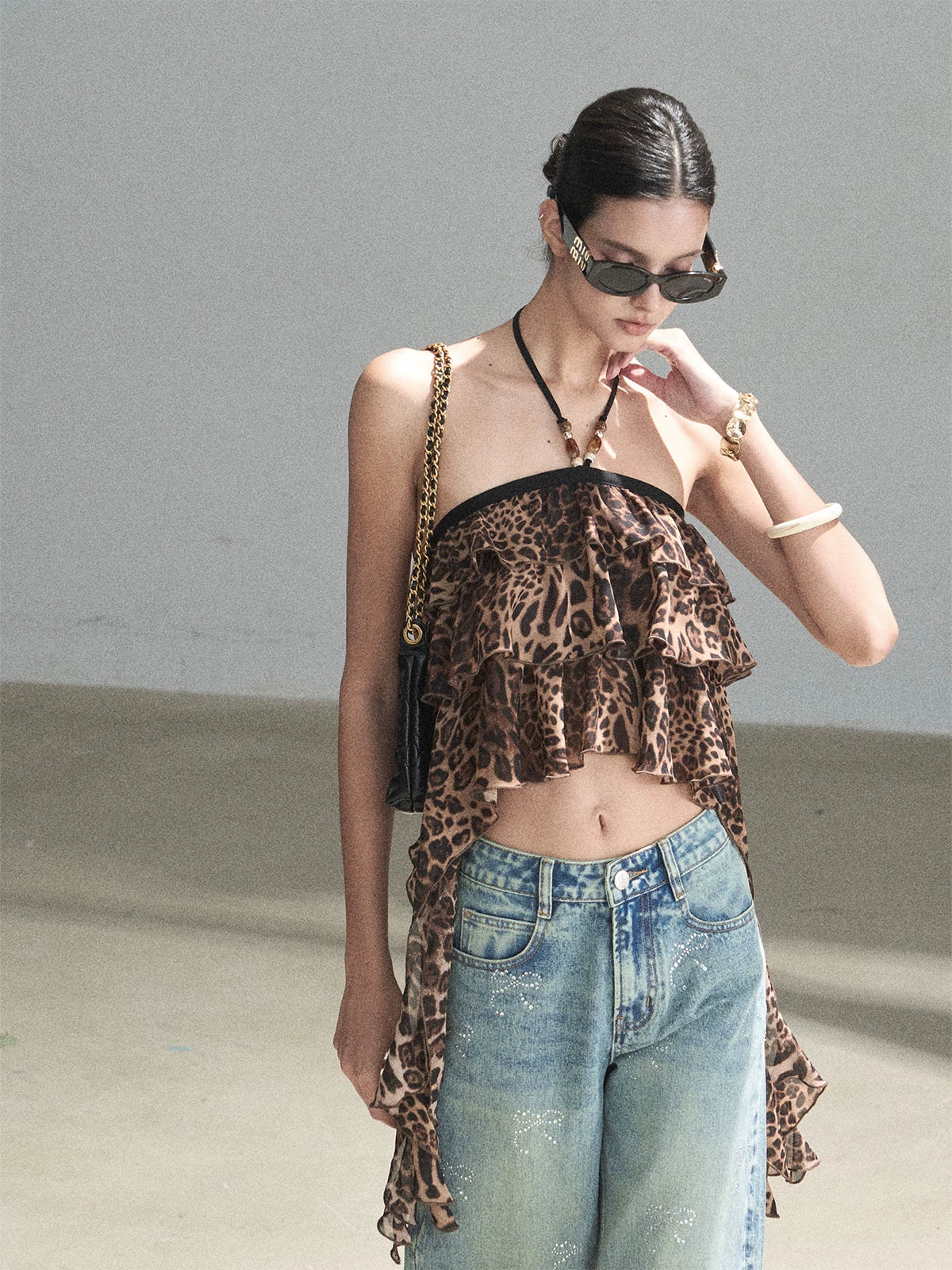 "Chasing the Sunset" Chestnut Brown Leopard Halter Ruffle Crop Top