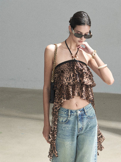 "Chasing the Sunset" Chestnut Brown Leopard Halter Ruffle Crop Top
