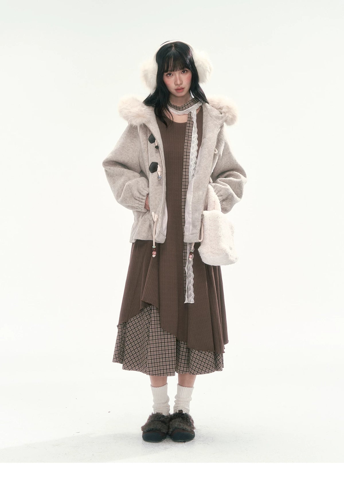 CAN - "Frosted Cloud Reverie" Beige Gray Detachable Faux-Fur Collar Wool-Blend Jacket