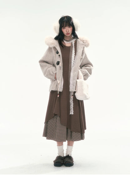 CAN - "Frosted Cloud Reverie" Beige Gray Detachable Faux-Fur Collar Wool-Blend Jacket