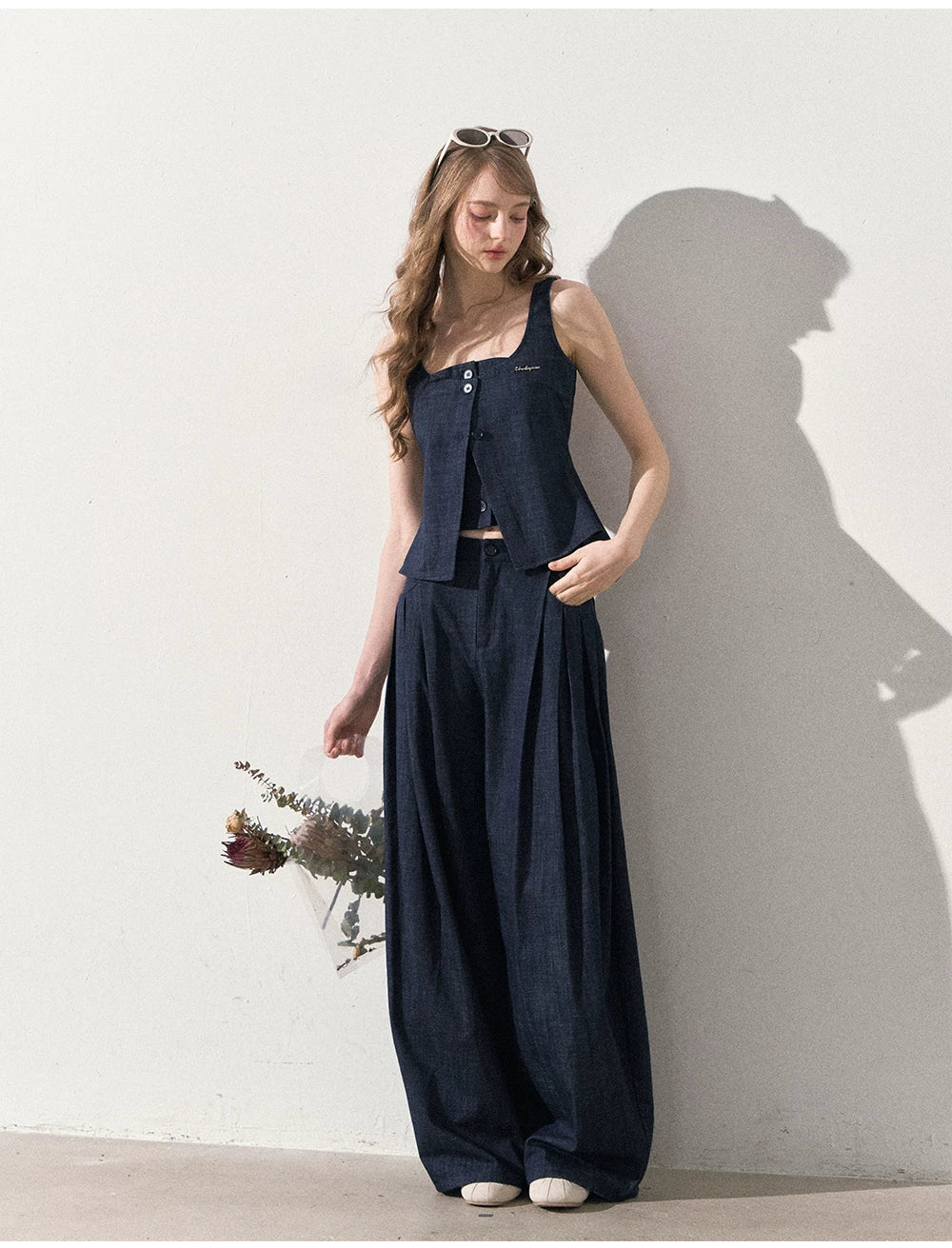 "Season of Ease" Vintage Navy Faux Denim Vest & Wide-Leg Pants Set