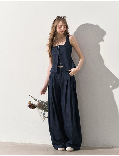 "Season of Ease" Vintage Navy Faux Denim Vest & Wide-Leg Pants Set
