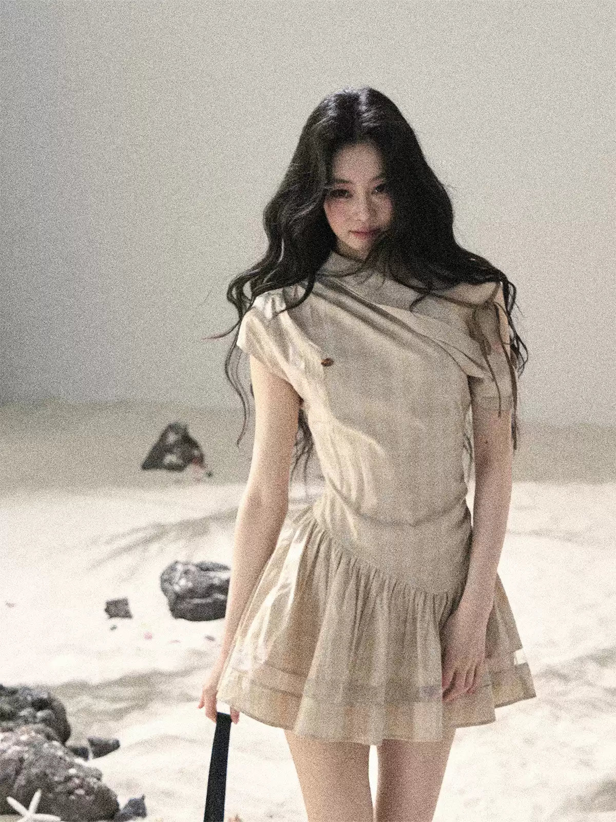 "Traces Left by the Wind" Sand Beige Off-Shoulder Plaid Puff Mini Dress