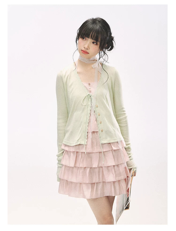"Comfort Corner" Tie-Front Knit Cardigan (Melon Green/ Peacock Blue)