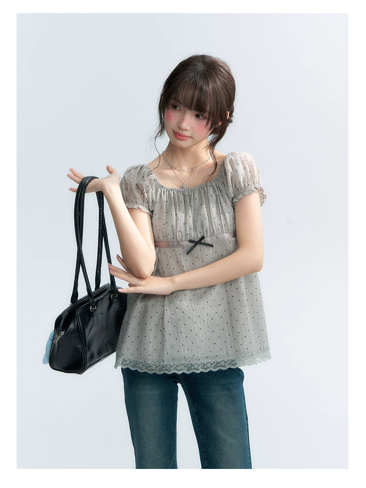 "Polka Dot Constellation" Gray Polka Dot Square Neck Puff Sleeve Top