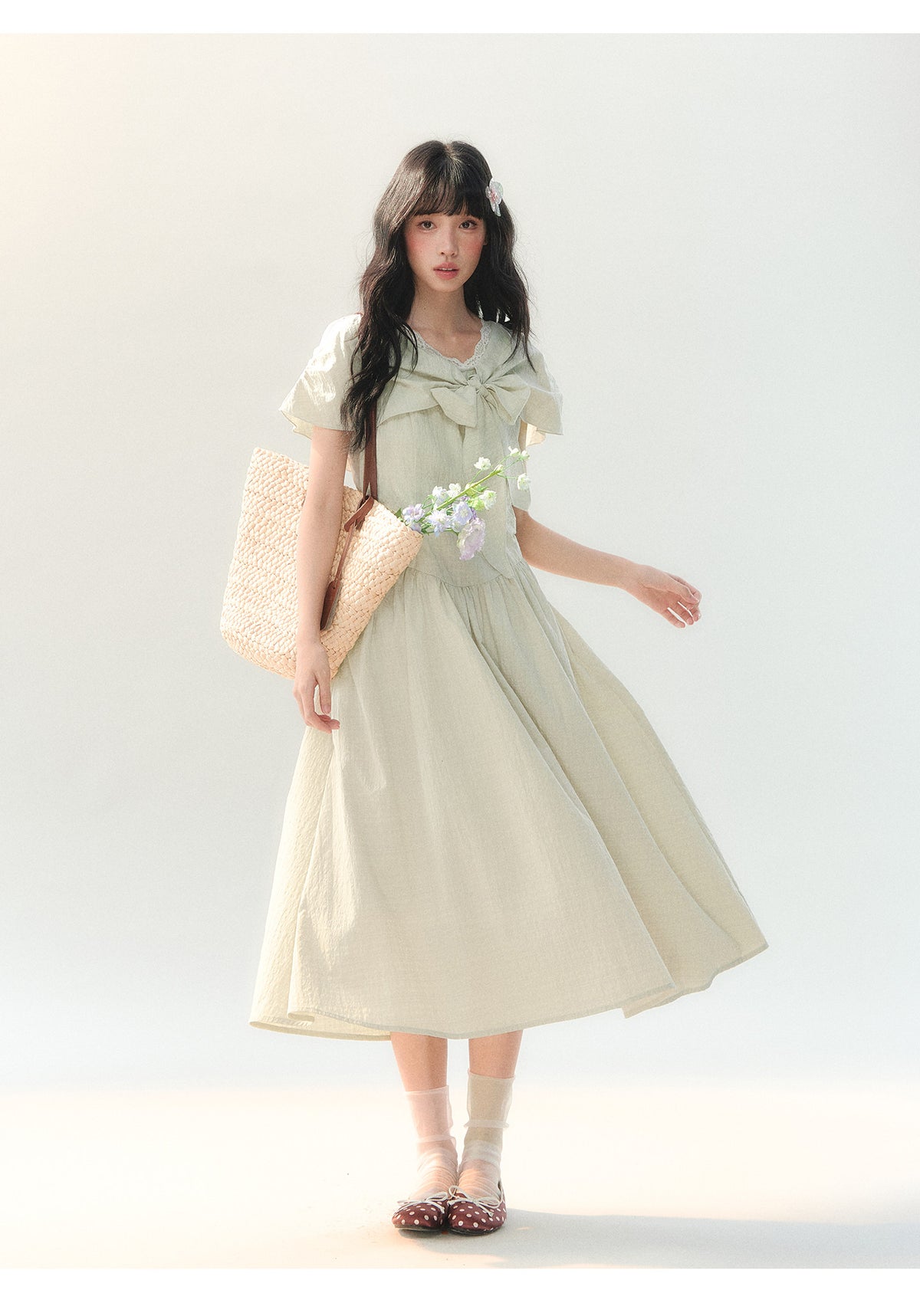 [CAN] "Willow Ribbon" Sage Green Cape Tie-Waist Midi Dress