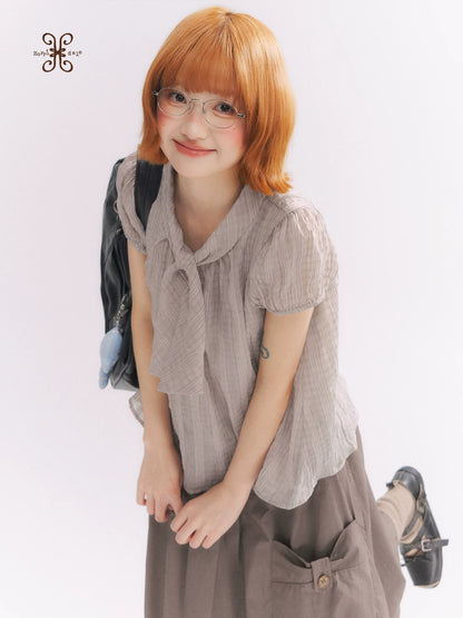 “Formatted Memories” Gray Plaid Textured Bow Tie Puff Sleeve Blouse