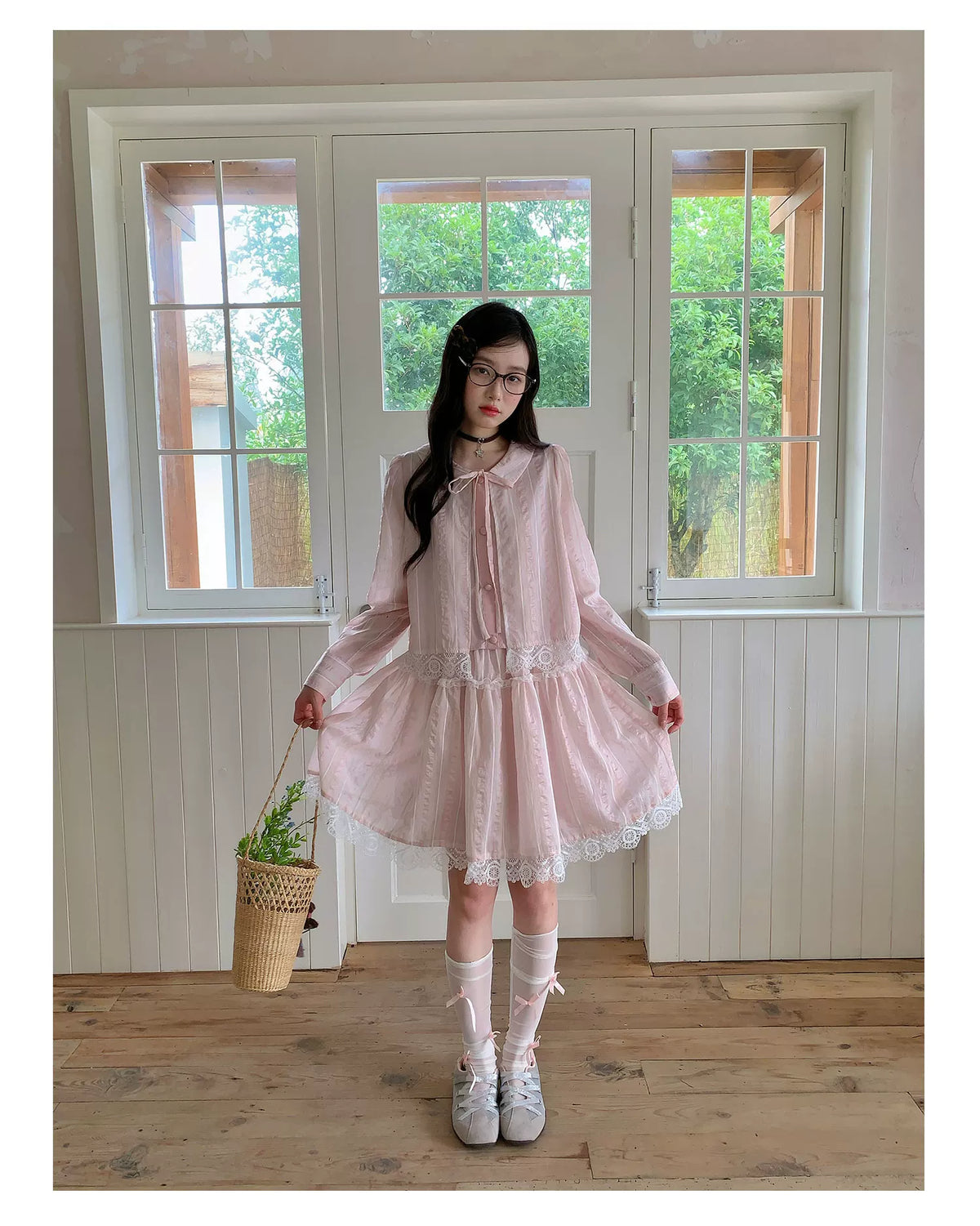 [RF] “Blush Cloud Reverie” Pink Lace-Trim Stripe Blouse & Skirt Set