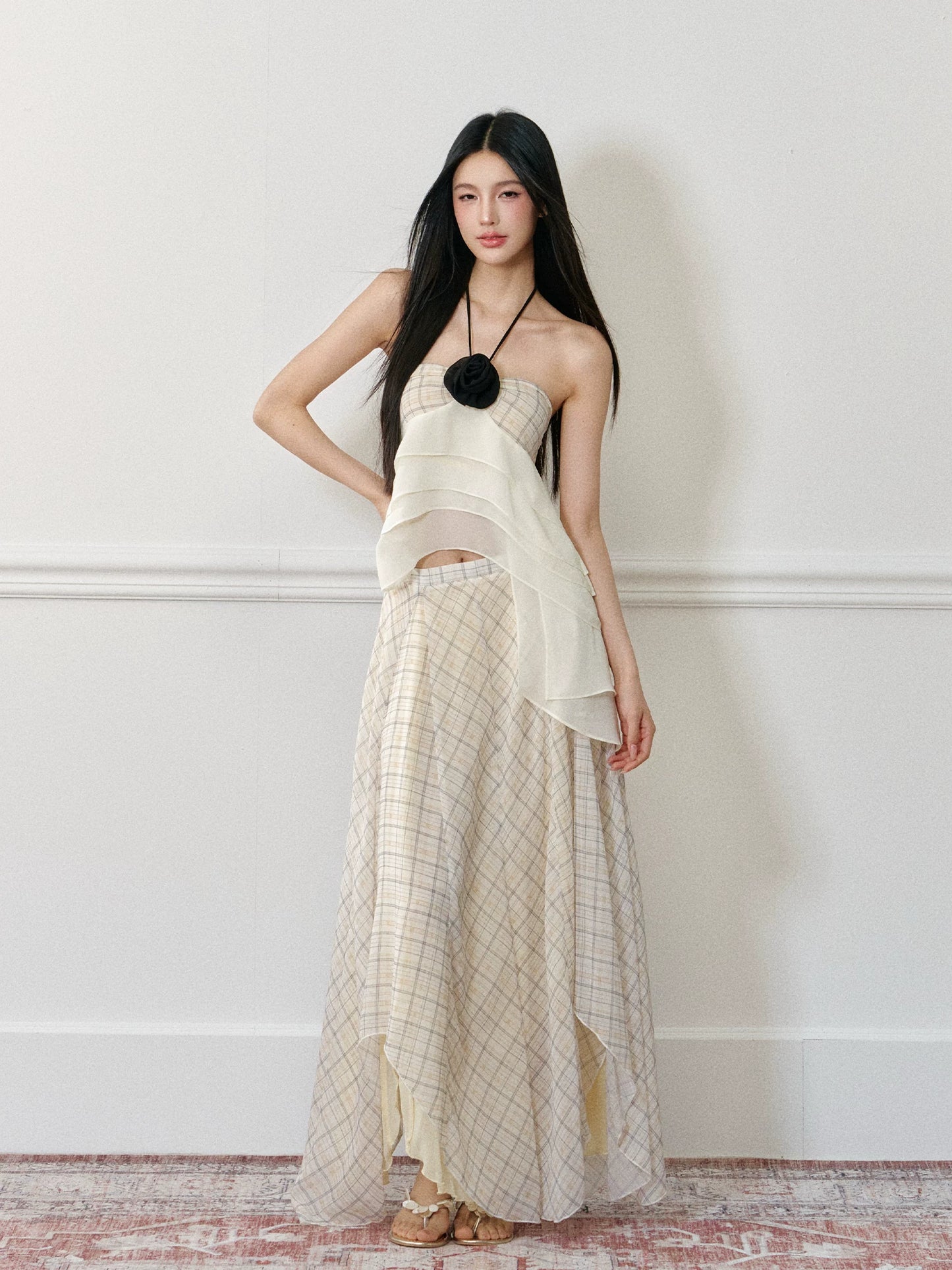 "Rose by the Sea" Rose Halter Top & Asymmetrical Plaid Maxi Skirt Set