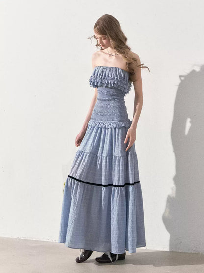 "Twilight Verses" Misty Blue Smocked Ruffle Maxi Dress