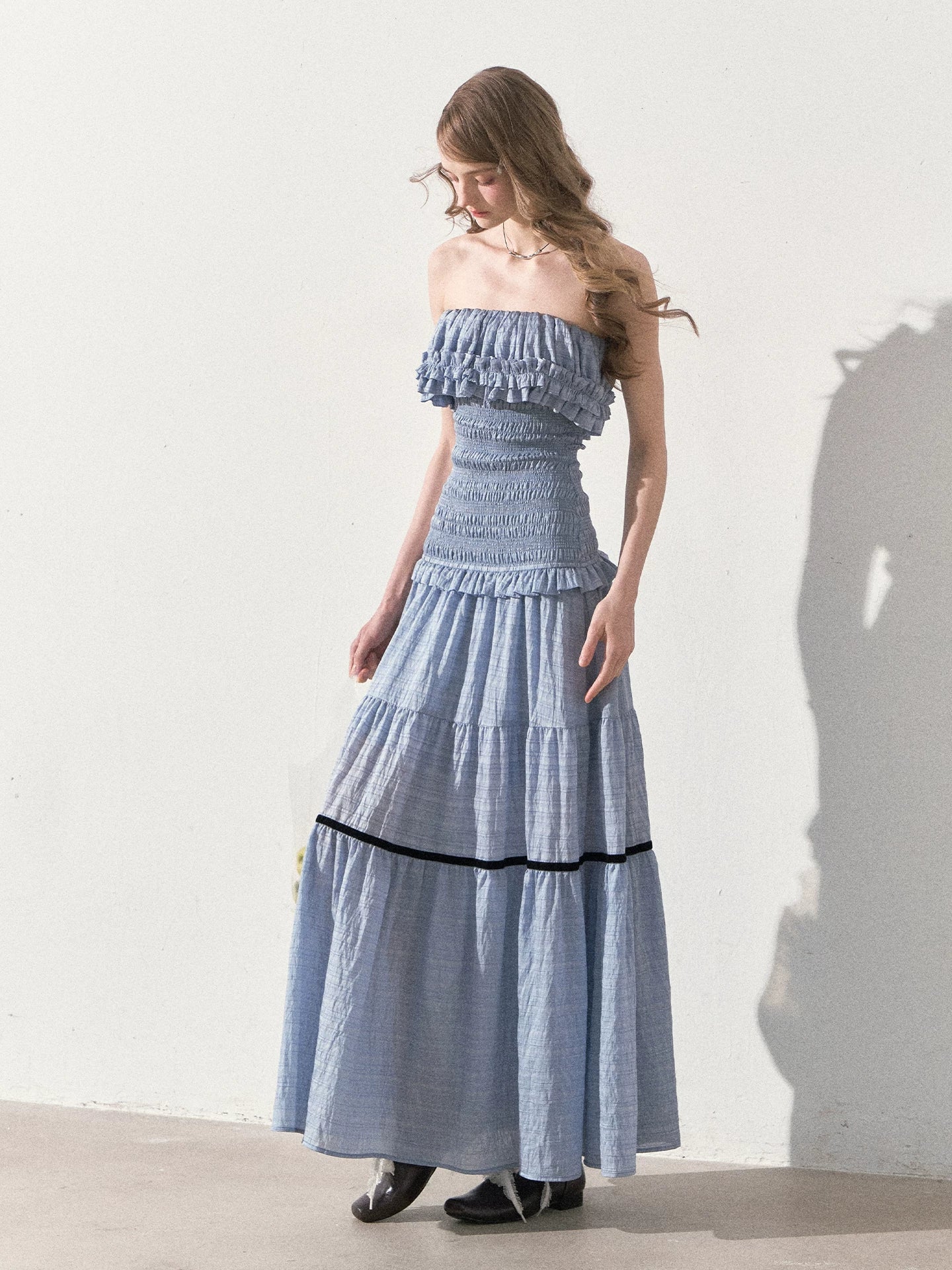 "Twilight Verses" Misty Blue Smocked Ruffle Maxi Dress