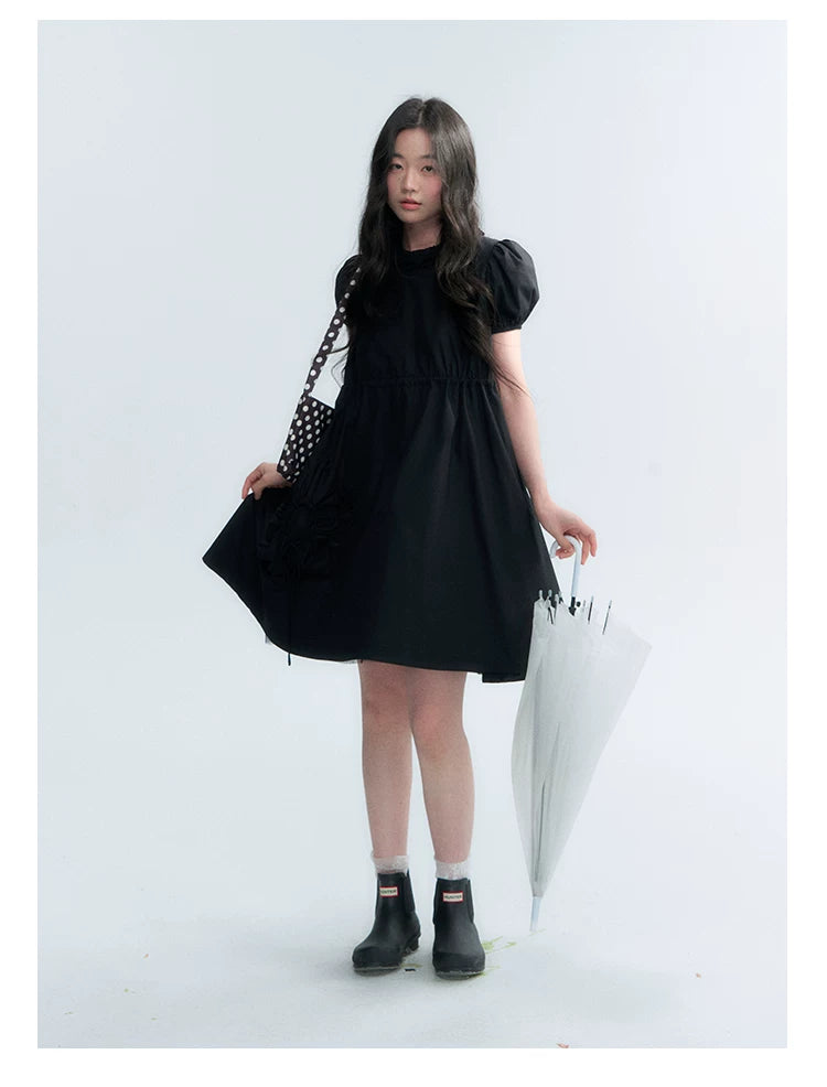 "Puff Doll Dress" Ruffle Trim Puff Sleeve Cotton A-Line Dress (White/ Black)
