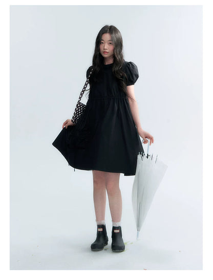 "Puff Doll Dress" Ruffle Trim Puff Sleeve Cotton A-Line Dress (White/ Black)