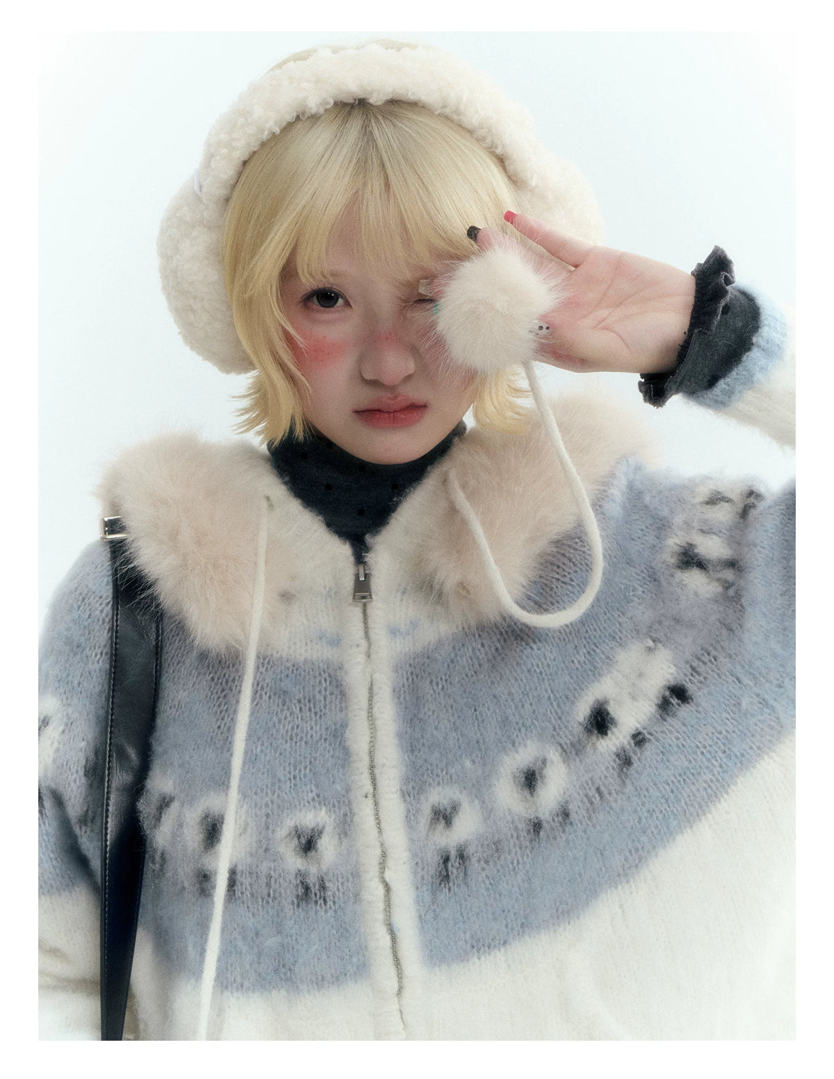 Horridale - Ice Blue White Sheep Jacquard Hooded Knit Cardigan