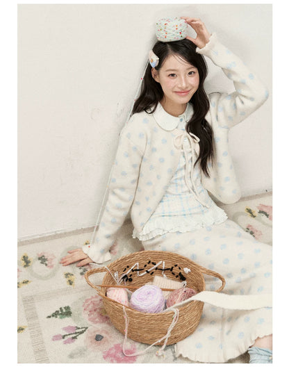 [RF] Ice Blue Polka Dot Knit Cardigan & Midi Skirt Set