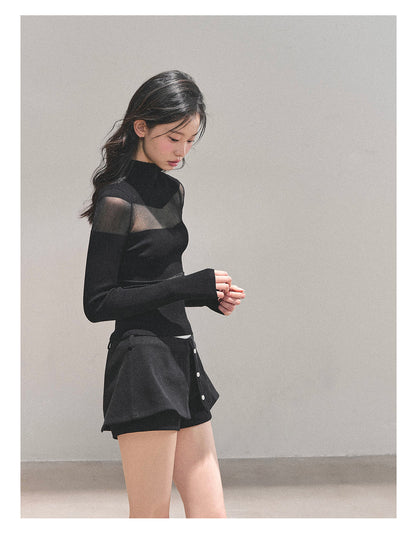 少也眼 “Whisper of Nightfall” Sheer-Panel Mock-Neck Knit Tee - Black 11.18-4