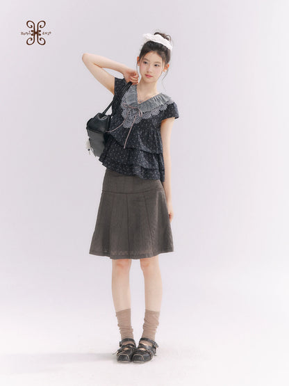 “Misty Texture” Gray Plaid Trim Embroidered A-Line Skirt