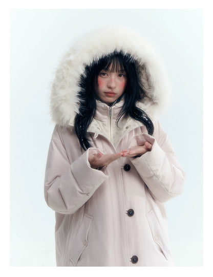 Horridale - Snow-Dusted Floral 90% White Duck Down Puffer Jacket (Light Peach Pink / Silver Gray)